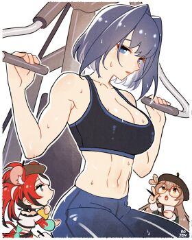 3girls abs absurdres animal_ears beret black_hair blue_eyes blue_hair blush bow breasts brown_hair cleavage collar collarbone exercising exercise_machine hair_intakes hakos_baelz hand_on_own_cheek hand_on_own_face hat highres hololive hololive_english large_breasts looking_to_the_side medium_hair mouse_ears mouse_girl mouse_tail multicolored_hair multiple_girls nanashi_mumei ouro_kronii pants pen red_hair rojen round_eyewear signature spiked_collar spikes sports_bra streaked_hair sweat tail tail_bow tail_ornament virtual_youtuber yoga_pants