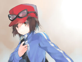 Rule 34 | 1boy, black-framed eyewear, blue jacket, brown eyes, brown hair, calem (pokemon), commentary, eyewear on headwear, hat, holding strap, jacket, light smile, looking at viewer, male focus, nintendo, pokemon, pokemon xy, rabbitseijin, red headwear, sepia background, short hair, shoulder strap, sunglasses, turtleneck, turtleneck jacket, upper body, zipper pull tab