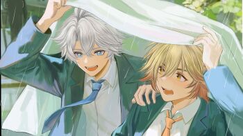 2boys absurdres alternate_costume antenna_hair blazer blonde_hair blue_eyes blue_jacket blue_necktie blush chinese_commentary collared_shirt commentary_request contemporary gradient_hair hand_on_another's_shoulder highres honkai:_star_rail honkai_(series) improvised_umbrella jacket male_focus multicolored_hair multiple_boys mydei_(honkai:_star_rail) necktie open_clothes open_jacket orange_necktie parted_bangs phainon_(honkai:_star_rail) rain red_hair school_uniform shared_umbrella shirt short_hair umbrella white_hair white_shirt wulingshenchejiukuaijiubaoyouqiang yellow_eyes