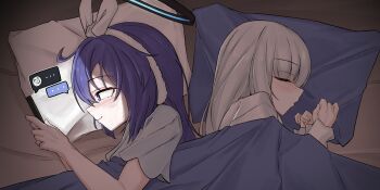 2girls 743_(743rd_bat) black_halo blue_archive blue_halo blush cellphone closed_eyes closed_mouth commentary doodle_sensei_(blue_archive) halo highres holding holding_phone lying mechanical_halo multicolored_halo multiple_girls noa_(blue_archive) noa_(pajamas)_(blue_archive) on_side open_mouth phone pillow purple_eyes purple_hair sensei_(blue_archive) short_sleeves sleeping smartphone symbol-only_commentary two-tone_halo under_covers variant_set white_hair yuuka_(blue_archive) yuuka_(pajamas)_(blue_archive)