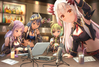 Rule 34 | 4girls, bandeau, bar (place), bare shoulders, between breasts, black collar, black shirt, black skirt, black sleeves, black vest, blue bandeau, blue eyes, blue hair, blue necktie, breasts, brown eyes, brown horns, cleavage, cleavage cutout, clothing cutout, collar, collared shirt, color-coded, commentary request, computer, cone hair bun, crop top, cropped shirt, cropped vest, cup, curled horns, dark-skinned female, dark skin, demon horns, demon tail, detached collar, detached sleeves, double-parted bangs, double bun, drinking straw, drinking straw in mouth, eyepatch, gold trim, gradient hair, green hair, green necktie, grey hair, hair bun, haniwa (leaf garden), highres, holding, holding cup, honey strap, horns, indoors, lace-trimmed sleeves, lace shirt, lace trim, lapels, laptop, large breasts, long hair, long sidelocks, long sleeves, looking at screen, looking at viewer, microphone, mole, mole under mouth, multicolored hair, multiple girls, nanashi inc., necktie, necktie between breasts, notched lapels, open clothes, open vest, parted bangs, pink hair, pink streaks, pleated skirt, pointy ears, purple eyes, purple hair, purple necktie, red horns, red necktie, saionji mary, saionji mary (1st costume), sekishiro mico, sekishiro mico (1st costume), shimamura charlotte, shimamura charlotte (1st costume), shirt, short hair, side up bun, sidelocks, skirt, sleeveless, sleeveless shirt, spiked horns, studio microphone, suou patra, suou patra (1st costume), tail, tareme, tied shirt, tsurime, very long hair, vest, virtual youtuber