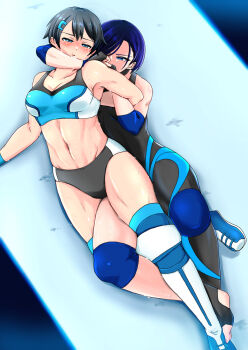 2girls artist_request catfight highres multiple_girls ryona scissorhold short_hair strangling tagme wrestling