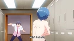 1boy 1girl animated anime_screenshot blue_eyes blue_hair bouncing_breasts breasts caught close-up closed_eyes covering_breasts covering_privates embarrassed from_side hetero highres honoo_no_haramase_oppai_ero_appli_gakuen huge_breasts kimizuka_tsubasa kiss locker locker_room majime_masato navel nipples o_o pink_pineapple sarashi short_hair sidelocks sound subtitled surprised tomboy topless_female undressing video
