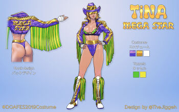 1girl 2019 artist_name ass ass_focus bandages blonde_hair boots breasts character_name cleavage clothes_writing collarbone color_guide commentary commentary_request cowboy_boots cowboy_hat dead_or_alive dead_or_alive_6 english_text fighting_game fingernails from_behind full_body gradient_background hands_on_own_hips hat highres jacket jiggeh lips multicolored_hair multiple_views nose official_alternate_costume pointing_out_the_details reference_sheet shoes short_hair simple_background standing straight-on streaked_hair sunglasses tassel tina_armstrong title toned toned_female translated turnaround wrestler wrestling_outfit