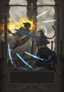 1boy 1girl armor braid braided_ponytail brother_and_sister brown_gloves colored_sclera commentary crescent duel elden_ring energy_sword english_commentary floating floating_object floating_sword floating_weapon from_side full_body gloves greatsword holding holding_sword holding_weapon long_sleeves looking_at_another lord_of_the_frenzied_flame_(elden_ring) moonlight_greatsword pillar profile siblings sword tarnished_(elden_ring) twins weapon wide_sleeves yellow_sclera zerosshadows