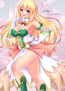 1girl armband blonde_hair blue_eyes blush boots breasts castle cherry_blossoms cleavage cloud commission detached_collar dress gloves green_boots hand_on_own_hip hand_to_own_mouth long_hair looking_at_viewer medium_breasts neck_ribbon open_mouth original red_ribbon ribbon side_slit sky smile standing strapless strapless_dress sugarbell teeth tree white_dress white_gloves