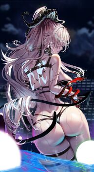 1girl absurdres ass bikini black_bikini black_gloves black_horns black_tail breasts closed_mouth commentary curled_horns demon_tail earrings from_behind gloves grey_hair highres horns jewelry large_breasts long_hair median_furrow poolside scar soare_lucien solo swimsuit tacet_mark_(wuthering_waves) tail wet wuthering_waves zani_(wuthering_waves)