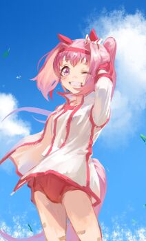 1girl animal_ears bandaid bandaid_on_leg blush bow buruma ear_bow ear_covers flower-shaped_pupils flower_in_eye gloves hairband haru_urara_(bestest_prize)_(umamusume) haru_urara_(umamusume) headband highres horse_ears horse_girl horse_tail inishie_kumo jacket long_hair looking_at_viewer pink_buruma pink_eyes pink_hair pink_headband ponytail red_buruma red_gloves red_headband shirt smile solo symbol-shaped_pupils symbol_in_eye tail umamusume