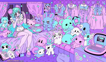 1girl absurdly_detailed_composition aqua_hair artist_name bed bedroom boombox bow brown_eyes character_request commentary computer copyright_request couch curtains dated ditto dress english_commentary frills gen_1_pokemon highres indoors kirby kirby_(series) laptop loaded_interior long_hair nintendo open_mouth original pastel_colors phone pillow platform_heels pokemon poster_(object) rigelwave school_uniform sitting skyline smile solo sparkle stuffed_animal stuffed_cat stuffed_rabbit stuffed_shark stuffed_toy stuffed_unicorn very_long_hair yume_kawaii