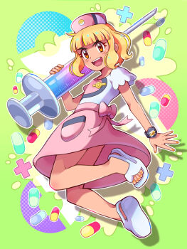 1boy :d ash_ketchum blonde_hair blunt_bangs bow bracelet brown_eyes commentary_request crossdressing crossdressing_(mtf) cyaneko eyelashes full_body hat highres holding holding_syringe jewelry large_syringe male_focus nintendo open_mouth oversized_object pink_bow pink_hat pink_skirt pokemon pokemon_(anime) pokemon_sm_(anime) sandals shirt short_hair short_sleeves skirt smile solo syringe teeth toes upper_teeth_only z-ring
