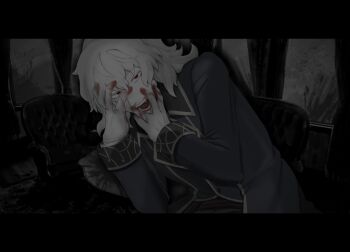 1boy absurdres ascot black_pants blood blood_from_mouth blood_in_mouth blood_on_face blue_coat coat commentary_request fangs formal_clothes hair_between_eyes hands_on_own_face highres indoors leaning looking_at_viewer male_focus medium_hair open_mouth pants red_eyes tsukihime tsukihime_(remake) uminosumi_dai vampire vlov_arkhangel white_hair