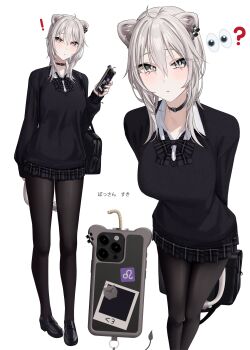 Rule 34 | !, 1girl, ?, absurdres, ahoge, alternate costume, alternate hairstyle, animal ear piercing, animal ears, bag, black bow, black bowtie, black choker, black pantyhose, black shoes, black skirt, black sweater, bow, bowtie, breasts, cellphone, choker, closed mouth, collared shirt, commentary request, double-parted bangs, grey eyes, grey hair, hair between eyes, highres, holding, holding bag, holding phone, hololive, large breasts, lion ears, lion girl, lion tail, loafers, long hair, looking at viewer, medium hair, messy hair, miniskirt, multiple views, pantyhose, phone, plaid bow, plaid bowtie, plaid clothes, plaid skirt, pleated skirt, school uniform, shirt, shishiro botan, shoes, simple background, skirt, smartphone, sweater, tail, virtual youtuber, wanne, white background, white shirt