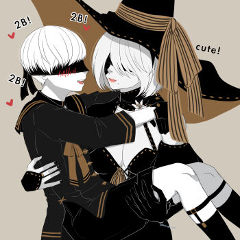 Rule 34 | 1boy, 1girl, 2b (nier:automata), 9s (nier:automata), :d, artist name, bat (animal), black cape, black dress, black hat, black shorts, blindfold, blush, cape, chibi, chibi only, closed mouth, commentary, dress, fangs, halloween, halloween costume, hat, holding, holding pumpkin, jack-o'-lantern, mitsuki nite, mole, mole under mouth, moon, nier:automata, nier (series), open mouth, pumpkin, short hair, shorts, smile, standing, star (symbol), twitter username, watermark, white hair, witch hat