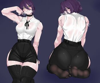 alqkemy armpit_crease armpits ass bare_shoulders black_shorts breasts chainsaw_man choker curvy feet green_eyes hair_between_eyes looking_at_viewer medium_breasts open_clothes open_shorts purple_hair reze_(chainsaw_man) shirt shorts sleeveless smile sweat thick_thighs thighhighs thighs white_shirt wide_hips