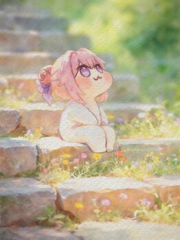 :3 creature doro_(nikke) flower goddess_of_victory:_nikke hair_bun highres on_stairs outdoors plant purple_ribbon ribbon single_side_bun solo stairs stone_stairs xing_meow