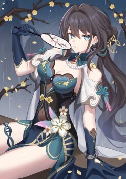 1girl aqua_dress aqua_eyes bead_necklace beads black_gloves breasts brown_hair capelet commentary covered_navel dress earrings gloves hand_fan hand_up holding holding_fan honkai:_star_rail honkai_(series) jewelry kiki-yu long_hair looking_at_viewer medium_breasts necklace paper_fan parted_lips pearl_earrings pelvic_curtain ruan_mei_(honkai:_star_rail) sitting solo strapless strapless_dress white_capelet