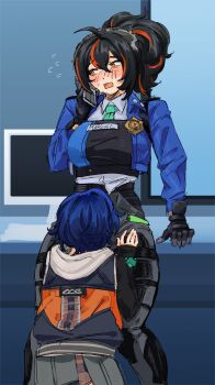 2girls belle_(zenless_zone_zero) black_gloves black_hair blue_hair blue_jacket blush breasts cunnilingus deertripetri face_in_crotch gloves highres implied_cunnilingus jacket large_breasts multicolored_hair multiple_girls open_mouth oral pants phone police police_badge police_uniform policewoman ponytail red_hair short_hair standing standing_cunnilingus streaked_hair yuri zenless_zone_zero zhu_yuan