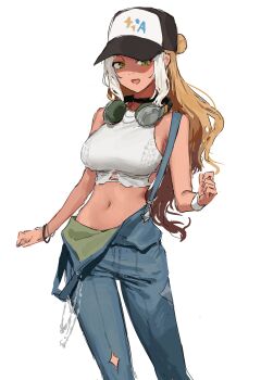 1girl absurdres andromeda_(fate) andromeda_(over_the_same_sky)_(fate) armband bare_arms baseball_cap blue_overalls bracelet breasts brown_hair chain clothing_cutout cowboy_shot crop_top denim_overalls diamond_cutout fate/grand_order fate_(series) fgo_gwa green_eyes hat headphones highres jewelry large_breasts long_hair looking_at_viewer multicolored_hair multiple_bracelets navel open_mouth overalls single_off_shoulder sketch smile solo two-tone_hair white_hair