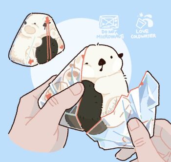 animal_focus black_eyes blue_background circle commentary english_text fingernails food holding holding_food in_food microwave multiple_views one_eye_closed onigiri original sea_otter seabokk solid_circle_eyes
