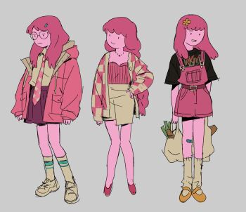 1girl adventure_time alternate_costume alternate_hairstyle bag band_shirt bandaid bandaid_on_knee bandaid_on_leg belt black_shirt braid brown_shirt checkered_clothes checkered_jacket closed_eyes collared_shirt colored_skin commentary_request flower full_body glasses groceries grocery_bag hair_flower hair_ornament hairclip hand_on_own_hip highres holding holding_bag hood hood_down hooded_jacket jacket jewelry long_hair long_sleeves merchandise multiple_views napsskai necklace necktie open_clothes open_jacket overall_shorts overalls pink_belt pink_hair pink_jacket pink_necktie pink_overalls pink_skin princess_bonnibel_bubblegum purple_skirt round_eyewear shirt shoes shopping_bag short_sleeves simple_background skirt slipknot smile socks spanish_commentary standing white_background yellow_flower yellow_shoes