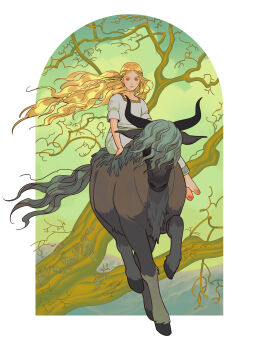 1girl absurdres barefoot blonde_hair braid branch cloud dress elden_ring highres horse horseback_riding long_hair looking_at_viewer miquella_(elden_ring) mountain riding riding_animal sarakipin sky solo torrent_(elden_ring) tree white_dress yellow_eyes