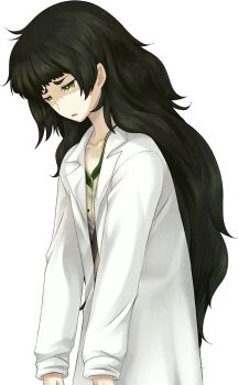 1girl blunt_bangs brown_jacket collar collarbone flat_chest game_cg green_collar green_eyes green_hair green_trim hiyajou_maho huke jacket jacket_over_dress lab_coat large_variant_set light_frown long_hair looking_ahead messy_hair non-web_source official_art open_mouth partially_shaded_face sad science_adventure slouching solo sprite steins;gate steins;gate_0 transparent_background variant_set very_long_hair
