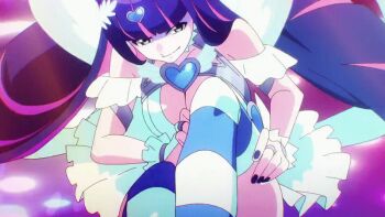 angel angel_girl angel_wings animated animated_gif anime_screenshot ass blue_hair blue_socks breasts cleavage frills kissing_leg large_breasts long_hair looking_at_viewer miniskirt multicolored_hair panties panty_&amp;_stocking_with_garterbelt pink_hair skirt smile sock_pull socks stocking_(psg) striped_clothes striped_socks thighs two-tone_hair two-tone_legwear two-tone_socks underwear white_panties white_skirt wings