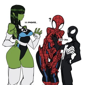 1boy 2girls ? bodysuit english_text fantastic_four green_hair green_skirt highres jennifer_walters marvel multiple_girls red_bodysuit she-hulk simple_background skirt spider-man spider-man_(series) symbiote t1tans90 tagme talking thighhighs venom_(marvel) white_background white_thighhighs
