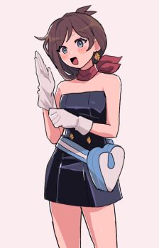 1girl ace_attorney black_dress brown_hair commentary dress earrings gloves highres jewelry nanase_(trfok1) pouch red_scarf scarf simple_background solo strapless strapless_dress trucy_wright white_background white_gloves