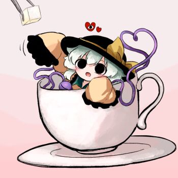 1girl black_gloves black_hat bow chibi cube cup gloves green_eyes green_hair hat heart heripantomorrow komeiji_koishi plate short_hair sugar_cube teacup tongs touhou utensil yellow_bow