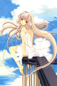 1girl absurdly_long_hair absurdres back barefoot blonde_hair blue_sky breasts brown_eyes chii chobits clamp clamp_(circle) cloud day dress feet floating_hair full_body highres lips long_hair looking_at_viewer looking_back official_art on_railing parted_lips petite railing sitting sky small_breasts soles solo strap_slip sundress unbuttoned unbuttoned_dress very_long_hair
