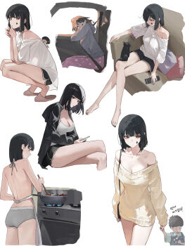 1boy 1girl absurdres apron ass black_cat black_hair black_jacket black_nails breasts brown_eyes camisole cat cheek_tattoo cleavage controller cooking dolphin_shorts dress frying_pan grey_panties highres holding holding_remote_control jacket looking_at_viewer mac_star multiple_views off-shoulder_dress off_shoulder open_clothes open_jacket original panties pillow remote_control seatbelt short_hair shorts sitting slippers squatting star_(symbol) star_tattoo stove sweater sweater_dress tattoo underwear white_apron white_camisole yellow_sweater