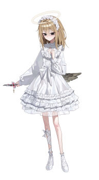 1girl absurdres ashal_(mansu) bags_under_eyes black_eyes blonde_hair boxcutter broken_halo dress fallen_angel frilled_dress frills gothic_lolita hair_between_eyes hairband halo high_heels highres holding holding_boxcutter lolita_fashion lolita_hairband long_hair looking_at_viewer low_wings mansu_(mansu113355) original single_wing solo traditional_halo white_background white_dress white_hairband wings