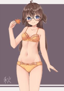 1girl absurdres ahoge amemiya_sekira autumn_leaves bare_arms bare_shoulders black-framed_eyewear blush bow bow_bra bow_panties bra breasts brown_bra brown_hair brown_panties closed_mouth collarbone commentary_request glasses hair_between_eyes hand_up highres holding holding_leaf leaf long_hair looking_at_viewer navel original panties purple_eyes sekira_ame semi-rimless_eyewear small_breasts smile solo two_side_up under-rim_eyewear underwear underwear_only very_long_hair