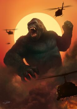 Rule 34 | aircraft, ape, dusk, epic, fangs, fire, giant, giant monster, gorilla, gun, helicopter, highres, kaiju, king kong, king kong (series), kong: skull island, legendary pictures, m60 (machine gun), machine gun, military, monster, monsterverse, muscular, no humans, open hand, open mouth, pectorals, red eyes, roaring, scar, scar on chest, smoke, sun, sunset, weapon, yuming yin