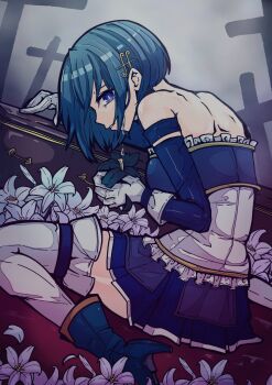 1girl armband armlet back bad_id bad_pixiv_id bare_shoulders blue_boots blue_eyes blue_hair blue_shirt blue_skirt boots breasts coffin cross crying crying_with_eyes_open detached_sleeves eyelashes flower fortissimo frills gloves hair_ornament hairclip high_heel_boots high_heels highres holding holding_flower jewelry lily_(flower) long_sleeves magical_girl mahou_shoujo_madoka_magica mahou_shoujo_madoka_magica_(anime) miki_sayaka miki_sayaka_(magical_girl) mikkiii musical_note musical_note_hair_ornament parted_lips pleated_skirt sad shirt short_hair sitting skirt solo strapless strapless_shirt tears thighhighs white_flower white_gloves white_lily white_thighhighs zettai_ryouiki