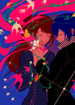 Rule 34 | 2girls, absurdres, bird, blue hair, brown hair, closed eyes, commentary request, fengdi kazefue, highres, holding hands, kujikawa rise, long hair, long sleeves, multiple girls, open mouth, persona, persona 4, pink ribbon, ribbon, shirogane naoto, short hair, sparkle, twintails, yuri