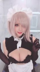 1girl adapted_costume alternate_costume animated apron asian black_dress black_gloves black_thighhighs breasts chinese_(nationality) cleavage cleavage_cutout clothing_cutout cosplay dress elbow_gloves enmaided eyes_visible_through_hair fate/grand_order fate_(series) frilled_dress frills gloves hair_over_one_eye hair_ribbon indoors large_breasts looking_at_viewer maid maid_headdress mash_kyrielight navel_cutout neck_ribbon parted_lips photo_(medium) pink_hair plant purple_eyes ribbon short_hair single_thighhigh sleeveless solo tagme thighhighs waist_apron video wendydydydy