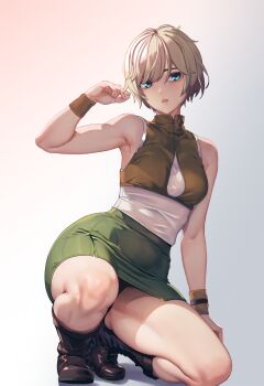 1girl armpits blonde_hair blue_eyes boots breasts dead_by_daylight full_body heather_mason highres lips looking_at_viewer medium_breasts miniskirt pencil_skirt shirt short_hair silent_hill_(series) silent_hill_3 simple_background skirt sleeveless solo suzusiron sweatband thighs tight_clothes white_background