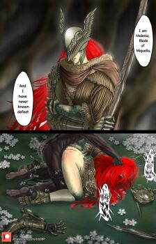 1boy 1girl absurdres armor armored_dress clothed_female_nude_male clothed_sex dark-skinned_male dark_skin defeat doggystyle dress elden_ring english_text fromsoftware grabbing_another&#039;s_hair grabbing_from_behind helmet hetero highres holding_another&#039;s_hair iiimp instant_loss interracial long_hair looking_at_viewer malenia_blade_of_miquella muscular muscular_male nude red_hair sex sex_from_behind speech_bubble tarnished_(elden_ring)