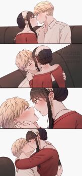 1boy 1girl arms_around_neck bare_shoulders black_hair blonde_hair blush botchinako breasts closed_eyes collared_shirt couch couple dress earrings gold_earrings hair_between_eyes hairband hand_on_another&#039;s_cheek hand_on_another&#039;s_face hetero hug imminent_kiss jewelry kiss long_hair looking_at_another medium_breasts multiple_views neck_blush off-shoulder_dress off_shoulder parted_lips red_dress red_eyes shirt short_hair sidelocks spy_x_family twilight_(spy_x_family) updo upper_body white_background white_hairband white_shirt yor_briar