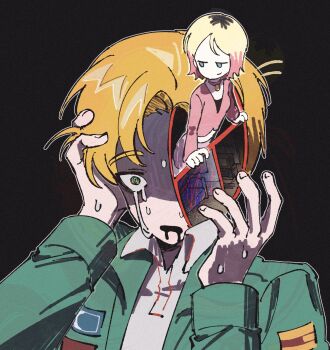 1boy 1girl bed black_background blonde_hair blue_eyes breasts cardigan collared_shirt crying green_jacket haejeo1008 hand_in_own_hair highres jacket james_sunderland light_smile maria_(silent_hill) medium_breasts medium_hair midriff miniskirt multicolored_hair open_mouth parted_bangs pendant_choker pink_cardigan pink_hair shaded_face shirt short_hair silent_hill_(series) silent_hill_2 skirt sweat tears two-tone_hair white_shirt