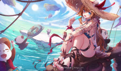 1girl :d arm_tattoo bikini blue_bikini blue_eyes breasts brown_hair commentary day english_commentary feet food full_body hair_between_eyes halterneck hat holding holding_food indie_virtual_youtuber jewelry large_breasts legs long_hair looking_at_viewer mitsu_(mitsu_art) nail_polish open_mouth original panda popsicle purple_nails ring samantha_(admiral_bahroo) sandals sitting sky smile straw_hat sun swimsuit tattoo thigh_strap toenail_polish toenails tongue tongue_out umeru_(admiral_bahroo) very_long_hair virtual_youtuber water wristband