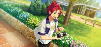 Rule 34 | 2boys, bangs pinned back, bench, black hair, blue flower, bracelet, cellphone, curtained hair, ensemble stars!, fingernails, flower, game cg, green eyes, hair ornament, hairclip, happy elements, holding, holding phone, isara mao, jewelry, layered clothes, male focus, multiple boys, necklace, official art, open clothes, open mouth, open shirt, outdoors, phone, pink flower, red hair, sakuma ritsu, shirt, short hair, short sleeves, smartphone, smile, sweet hunt (ensemble stars!), teeth, third-party source, upper teeth only, watch, white flower, white shirt, wristwatch, yellow flower