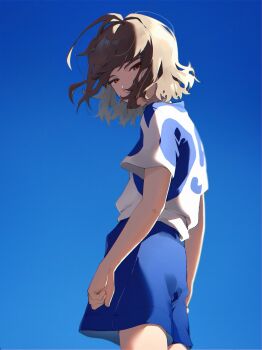 1boy absurdres blue_shorts brown_hair clenched_hand commentary covered_mouth dame! floating_hair hashtag-only_commentary highres inazuma_eleven_(series) inazuma_eleven_go looking_at_viewer male_focus red_eyes shindou_takuto shirt short_hair short_sleeves shorts soccer_uniform solo sportswear standing