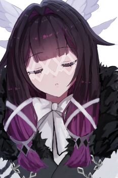 0ninj1n 1girl bow closed_eyes columbina_(genshin_impact) eye_mask fatui_coat fur_trim genshin_impact hair_ornament hair_ribbon highres mask official_alternate_costume pink_hair ribbon silver_trim white_bow wing_hair_ornament