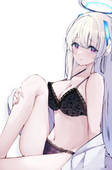1girl absurdres black_bra black_panties blue_archive bra breasts cleavage commentary_request feet_out_of_frame floral_print floral_print_bra floral_print_panties from_side grey_hair halo hand_on_own_leg highres hojiro_same lace lace-trimmed_bra lace-trimmed_panties lace_trim large_breasts light_blush long_hair long_sleeves looking_at_viewer looking_to_the_side navel no_pants noa_(blue_archive) off_shoulder open_clothes open_shirt panties print_panties purple_eyes shirt simple_background sitting solo stomach straight_hair underwear very_long_hair white_background white_shirt