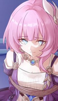 1girl bare_shoulders bdsm blue_eyes bondage bound commentary cyrene_(honkai:_star_rail) cyrene_(philia093)_(honkai:_star_rail) dress english_commentary hair_ornament honkai:_star_rail honkai_(series) jewelry looking_at_viewer necklace off-shoulder_dress off_shoulder pink_hair purple_dress rope short_hair solo two-tone_dress upper_body vakaosciosa white_dress