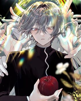 1boy apple black_jacket brown_eyes commentary_request crossed_bangs food fruit grey_hair hair_between_eyes halo highres holding holding_food holding_fruit jacket lens_flare long_sleeves looking_at_viewer male_focus original parted_lips sahi00000 short_hair solo surrounded_by_hands upper_body yellow_halo