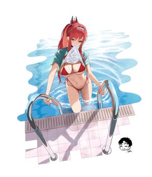 Rule 34 | 1girl, absurdres, aqua hairband, bikini, blue hairband, blush, breasts, choker, cleavage, climbing ladder, clothes in mouth, clothes lift, curvy, danny marx, goddess of victory: nikke, hairband, highleg, highleg bikini, highres, ladder, large breasts, lifting own clothes, long hair, looking at viewer, navel, official alternate costume, official alternate hair color, ponytail, pool, pool ladder, rapi (nikke), rapi (red hood) (nikke), rapi (red hood) (red flavor) (nikke), red bikini, red eyes, red hair, shiny skin, shirt, shirt lift, side-tie bikini bottom, smile, solo, stomach, swimsuit, thong, thong bikini, wet, wide hips